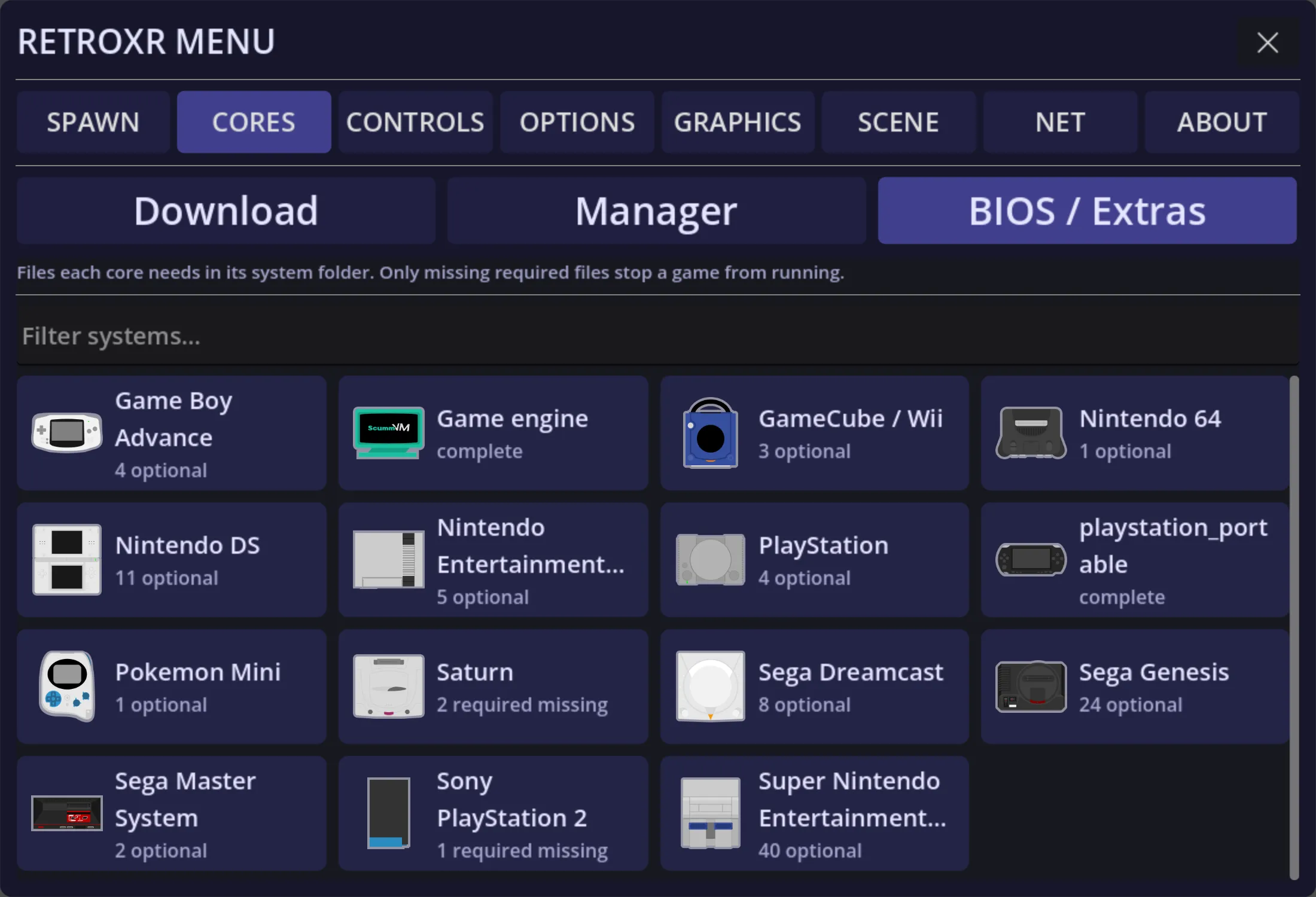 The BIOS / Extras overview: a grid of systems, each showing its BIOS status — complete, a number of optional files, or required files missing.