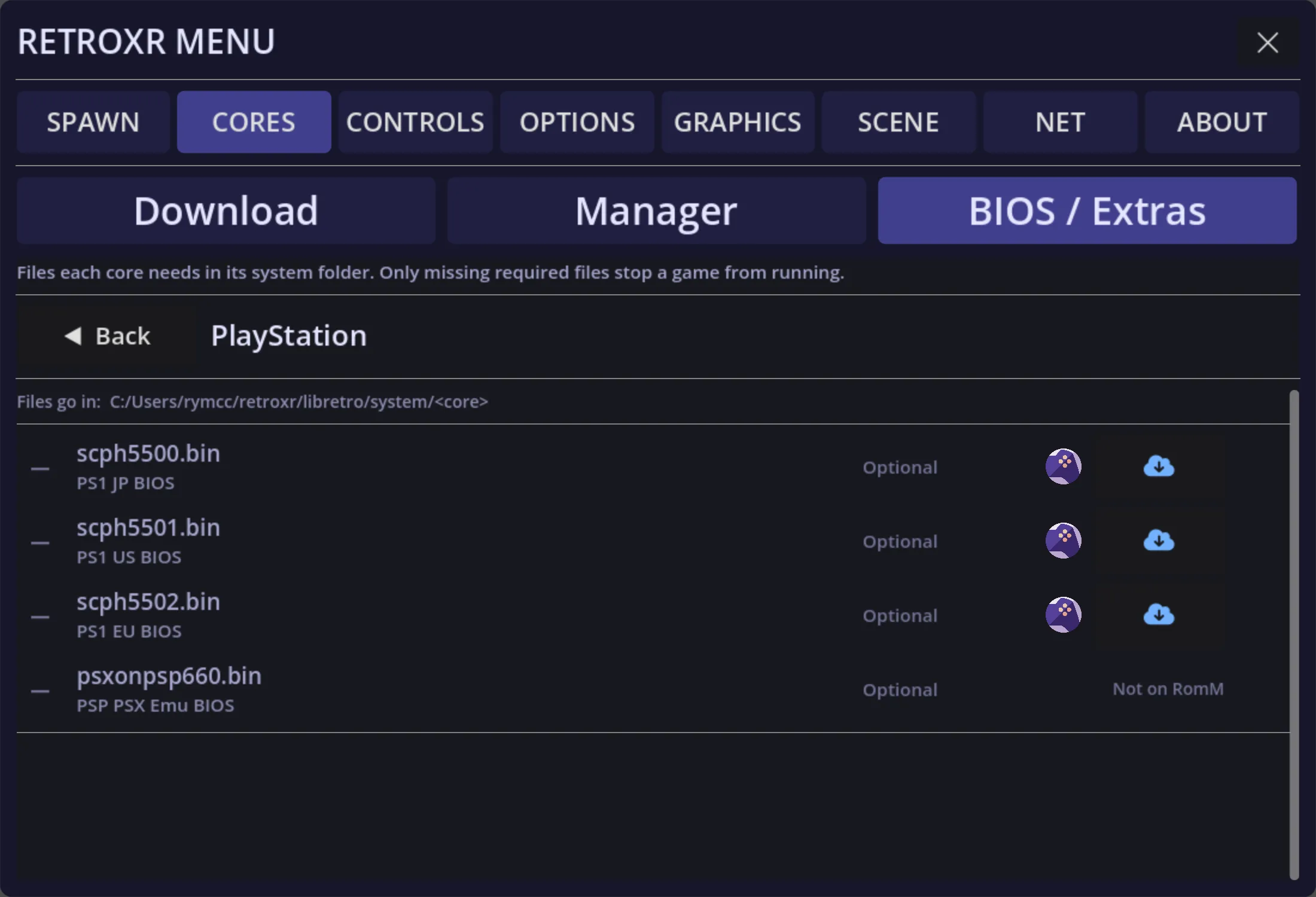 The BIOS view for PlayStation, listing the PS1 BIOS files with their required or optional status and per-file download buttons.