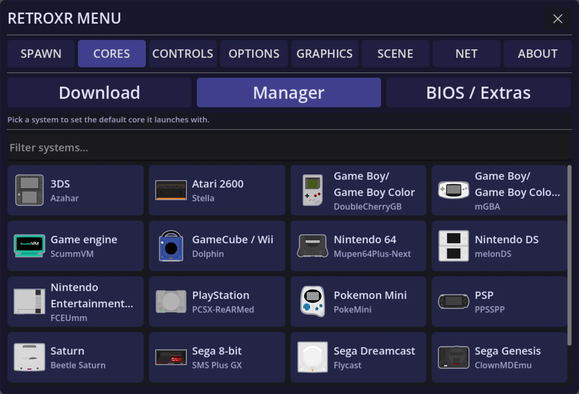 The core manager: a grid of systems, each labeled with its currently selected core.