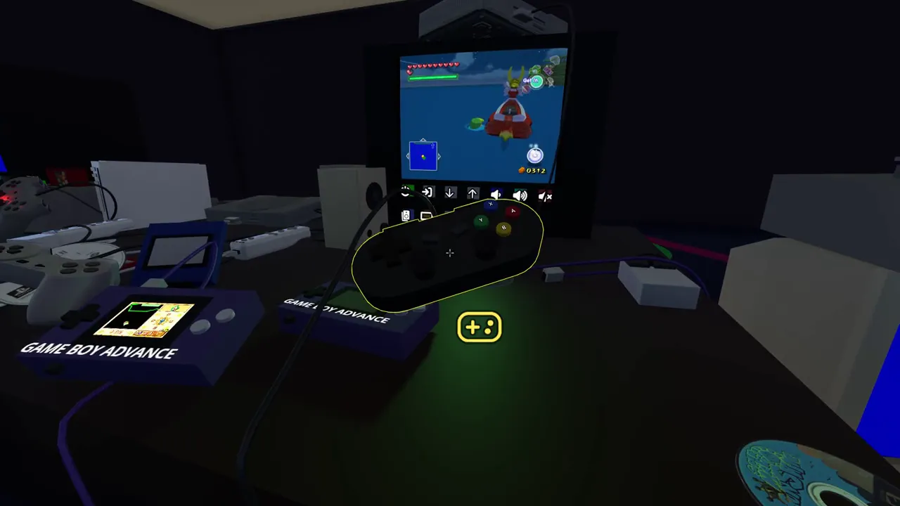 A GameCube game on the television with two Game Boy Advance handhelds cabled to it on the desk, each showing its own screen.