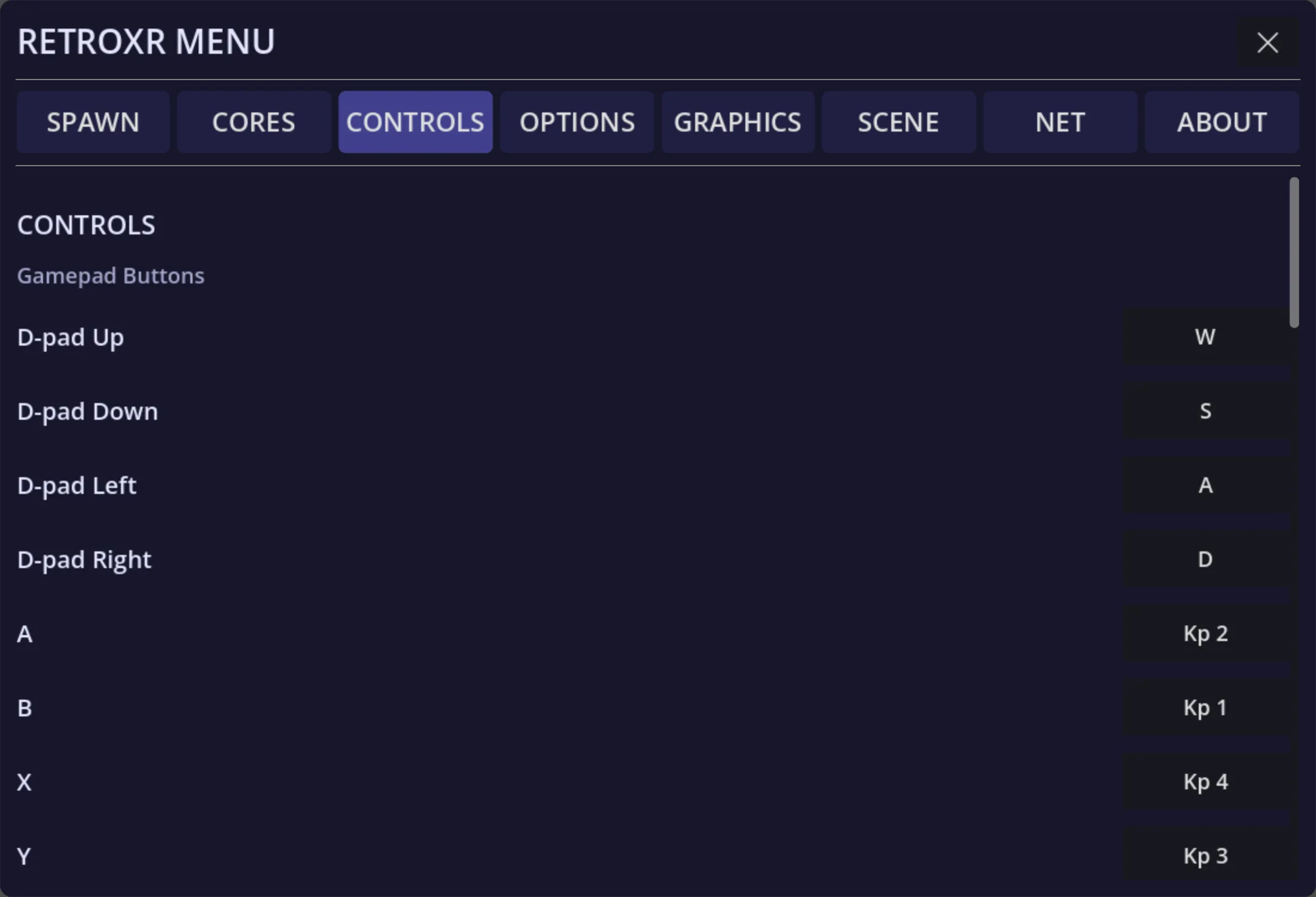 The CONTROLS tab, listing gamepad buttons against their bound keys — D-pad up, down, left and right on W, S, A and D, and the face buttons on the numeric keypad.