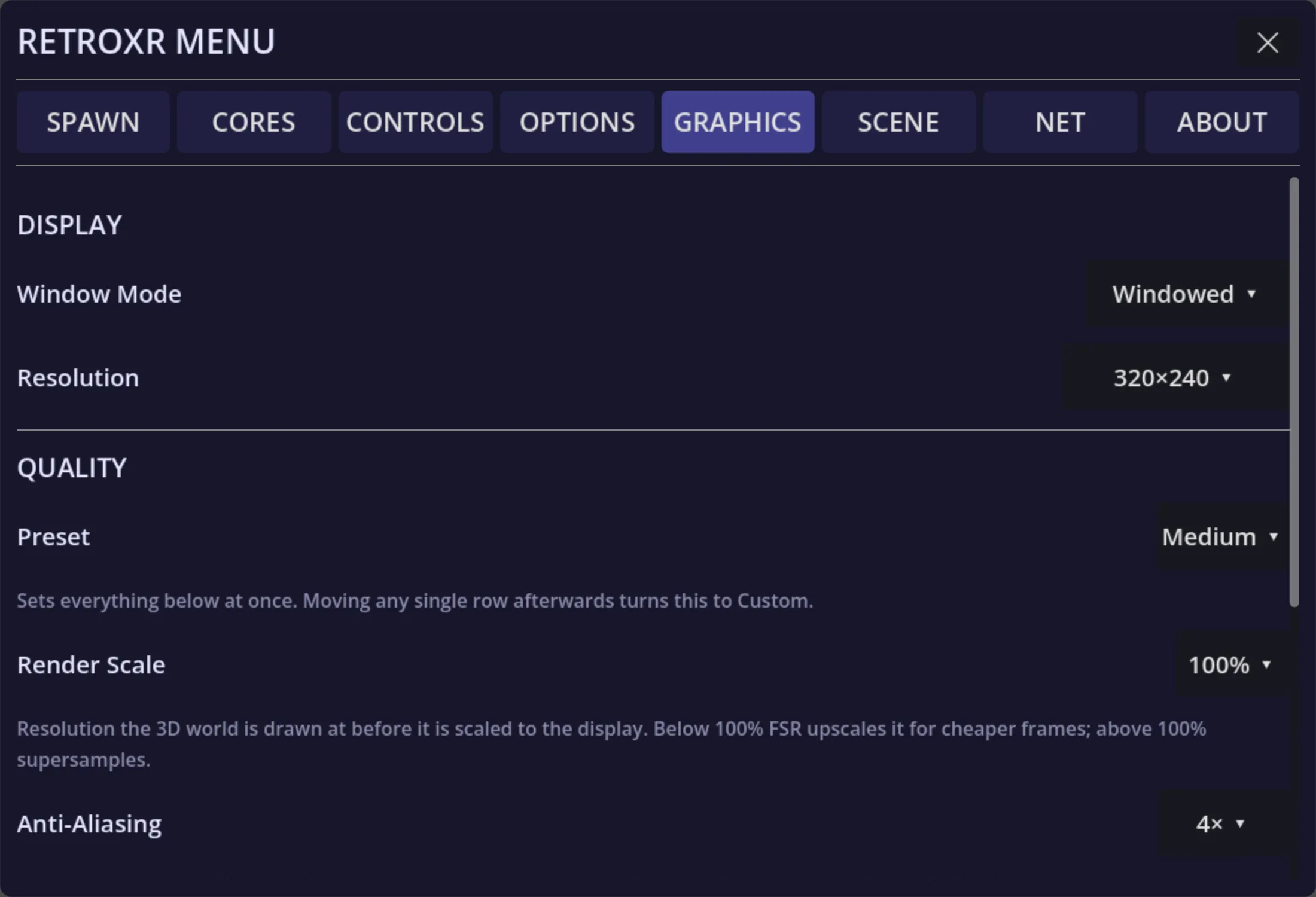The GRAPHICS tab, with Display settings for window mode and resolution, and Quality settings for preset, render scale and anti-aliasing.