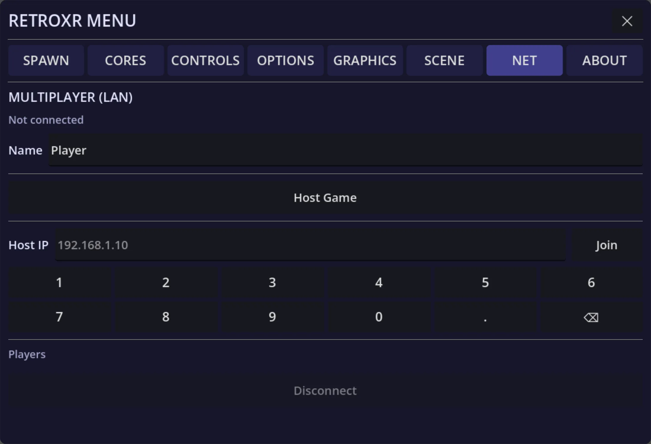 The NET tab: a Multiplayer (LAN) panel with a player name field, a Host Game button, and a host IP field with an on-screen numeric keypad.
