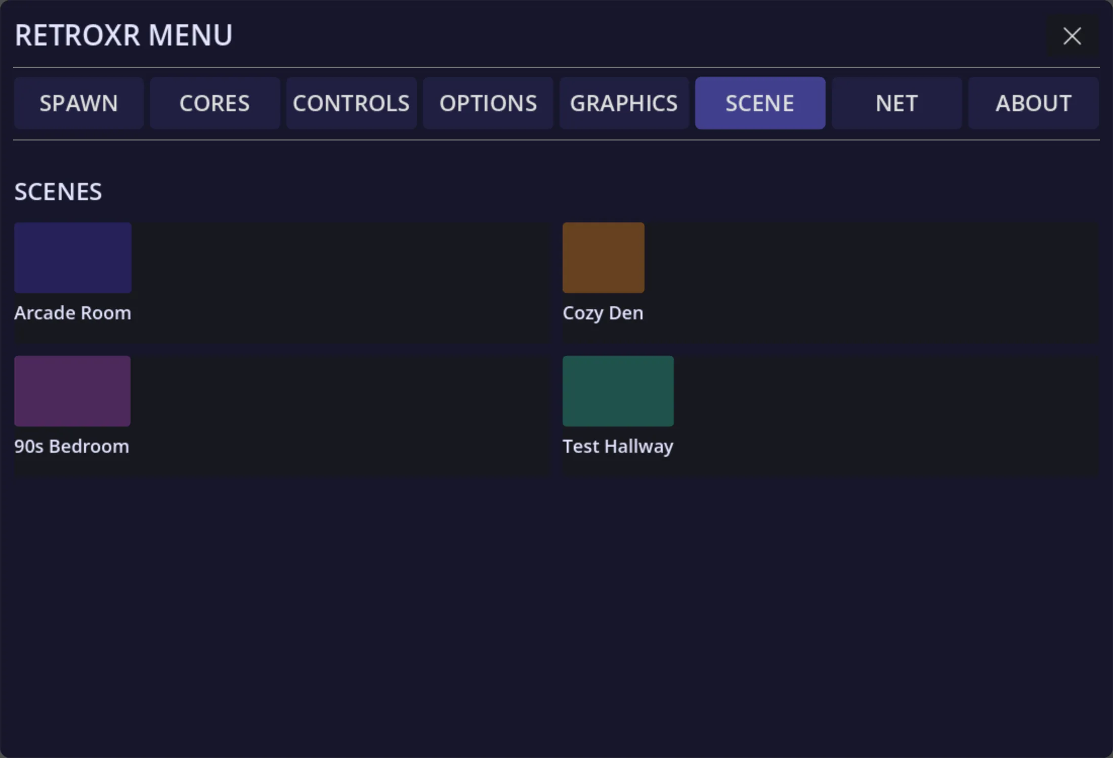The SCENE tab, showing the selectable rooms: Arcade Room, Cozy Den, 90s Bedroom and Test Hallway.