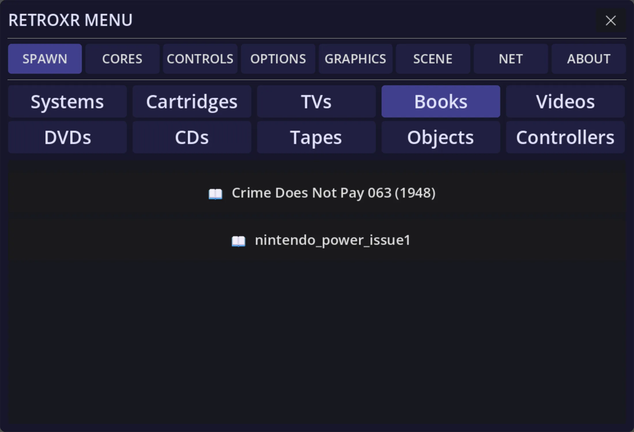 The Books tab of the spawn menu, listing the PDF and CBZ files found in the books folder.