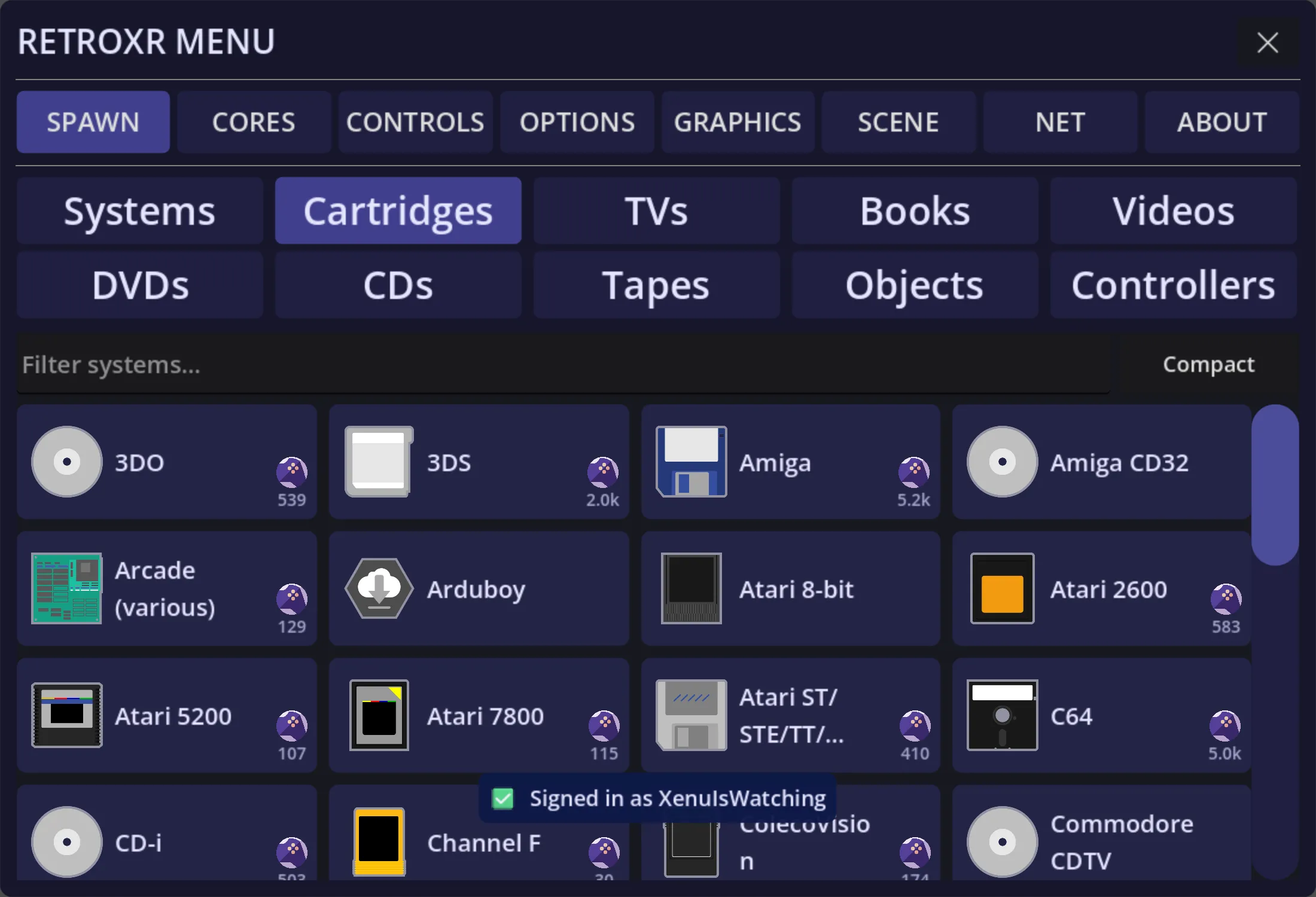 The Cartridges tab: a grid of systems with box art, each showing how many games it holds.