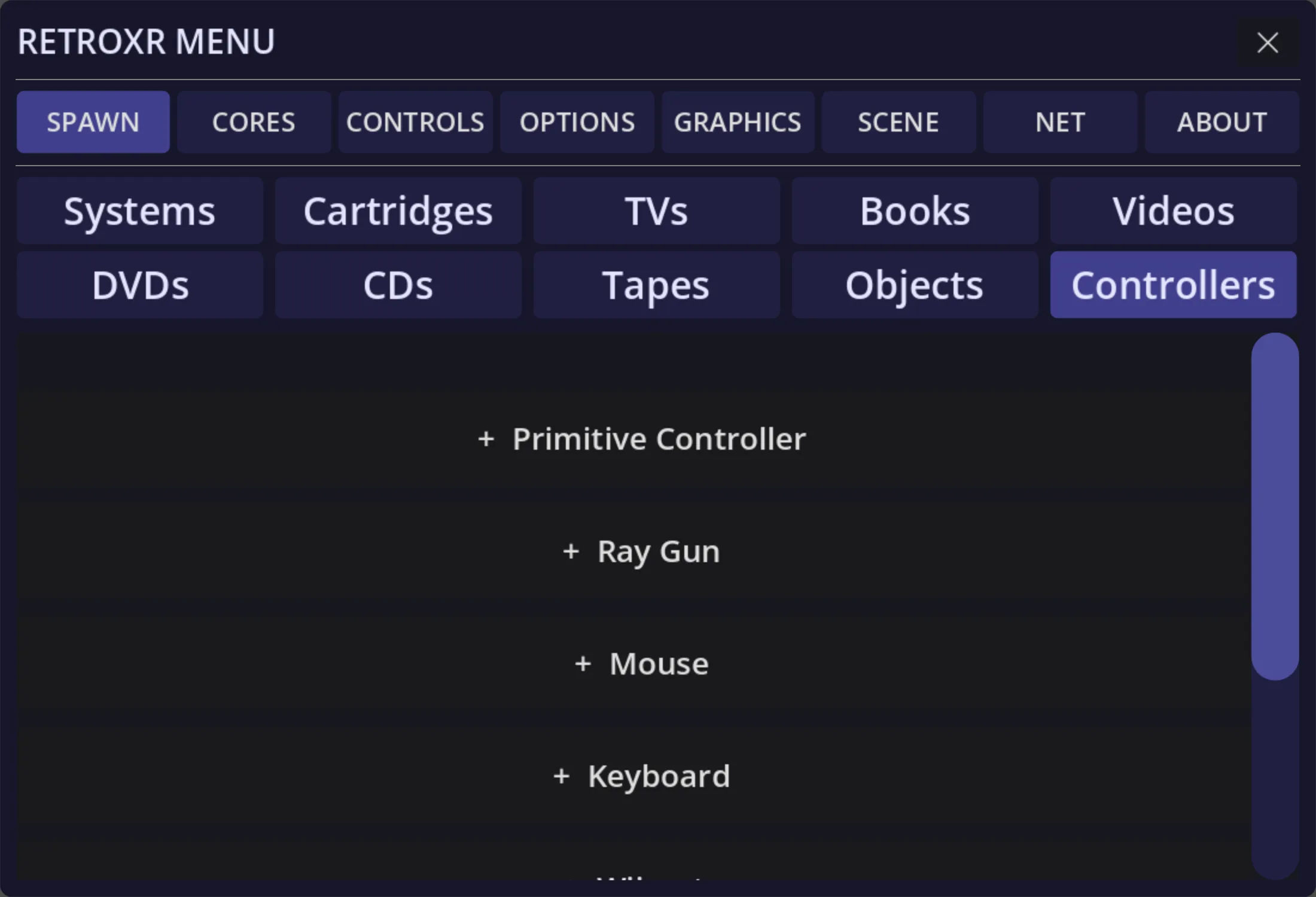 The Controllers tab of the spawn menu, listing a primitive controller, ray gun, mouse and keyboard.