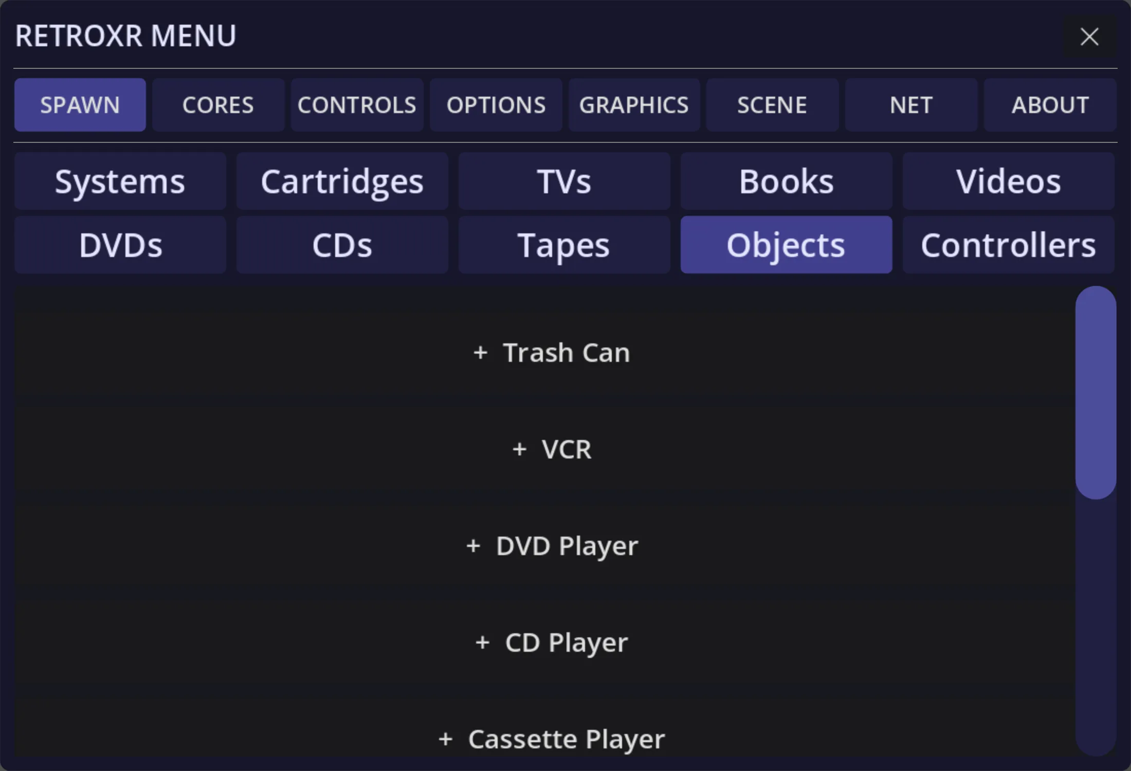 The Objects tab, listing spawnable hardware: trash can, VCR, DVD player, CD player, cassette player and more.