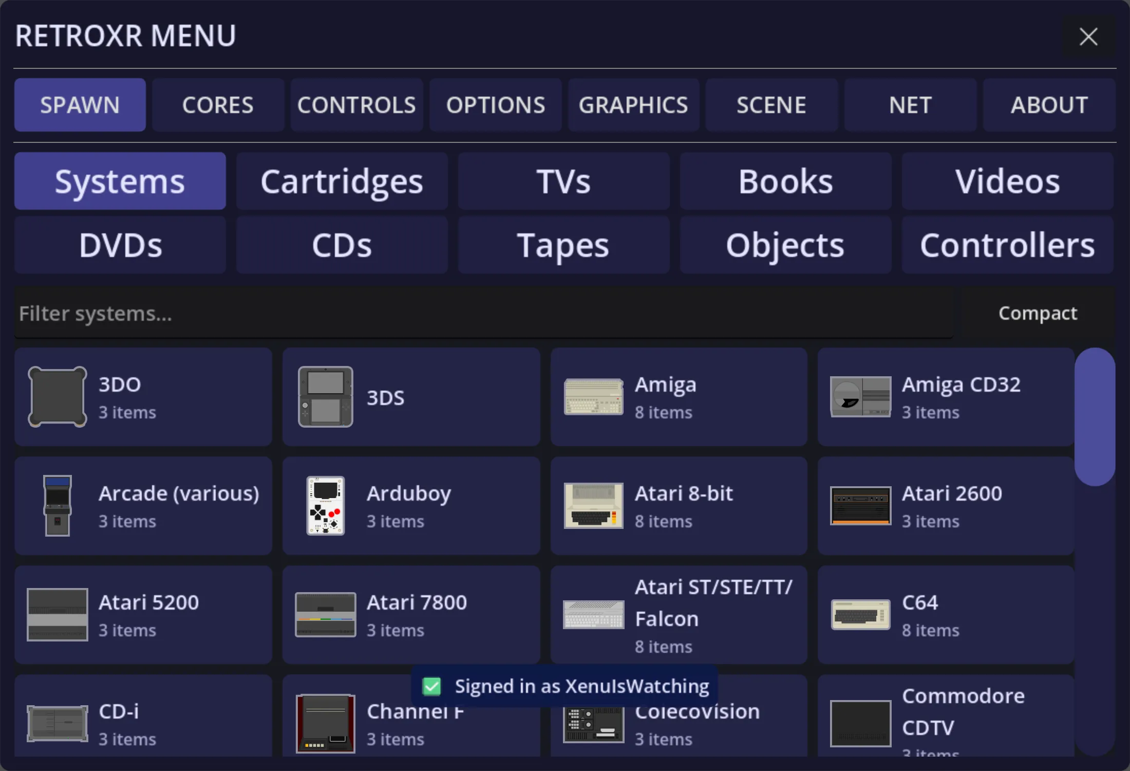 The SPAWN tab’s Systems grid: one tile per console, each showing how many items it has, with a filter box and a compact toggle.