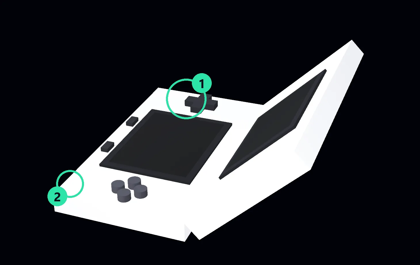 The DS with two system controls circled: the volume slider marked 1 and the power light marked 2.