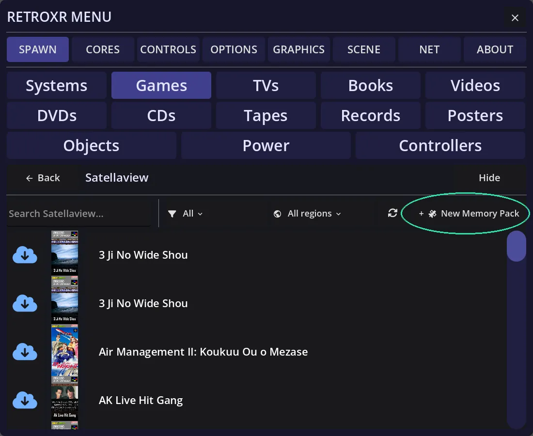 The spawn menu on the Games tab, opened on the Satellaview shelf. Its toolbar carries a search box, source and region filters, a resync button, and at the far right the New Memory Pack button, circled.
