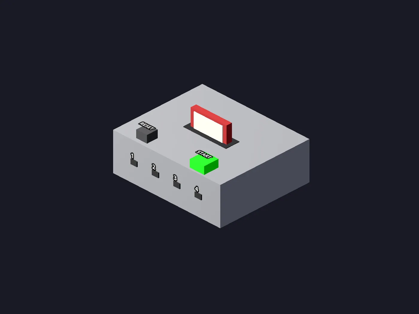 A console stand-in: a gray box with a RESET button, a green START button, four numbered controller ports, and a cartridge seated in the top slot.