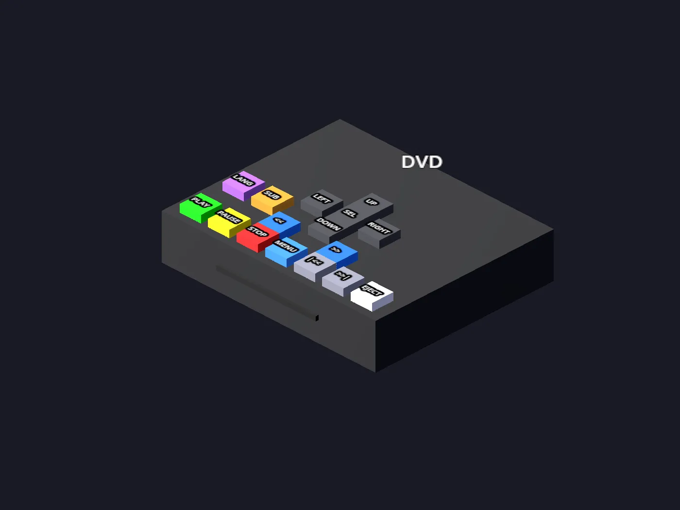 The DVD player stand-in: a black deck with a disc slot, transport buttons, and a menu navigation cluster.