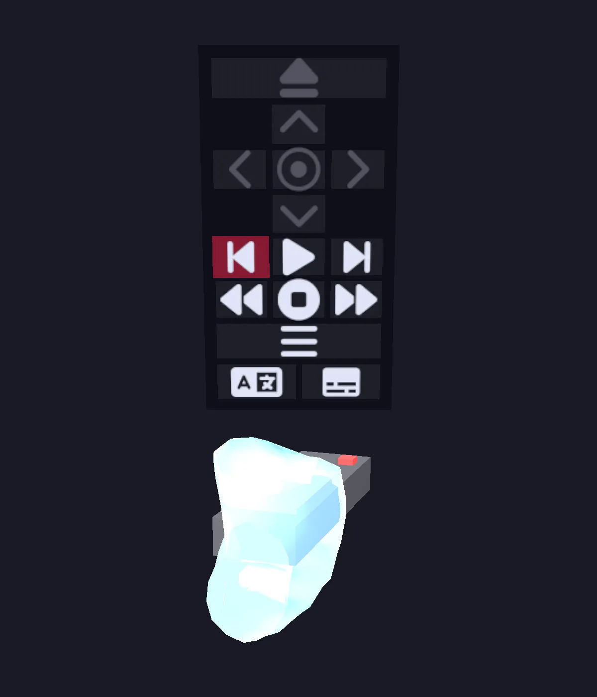 The TV remote, held in a hand, with a floating command menu above it: eject, a D-pad with a center OK, transport buttons, and audio and subtitle cells.