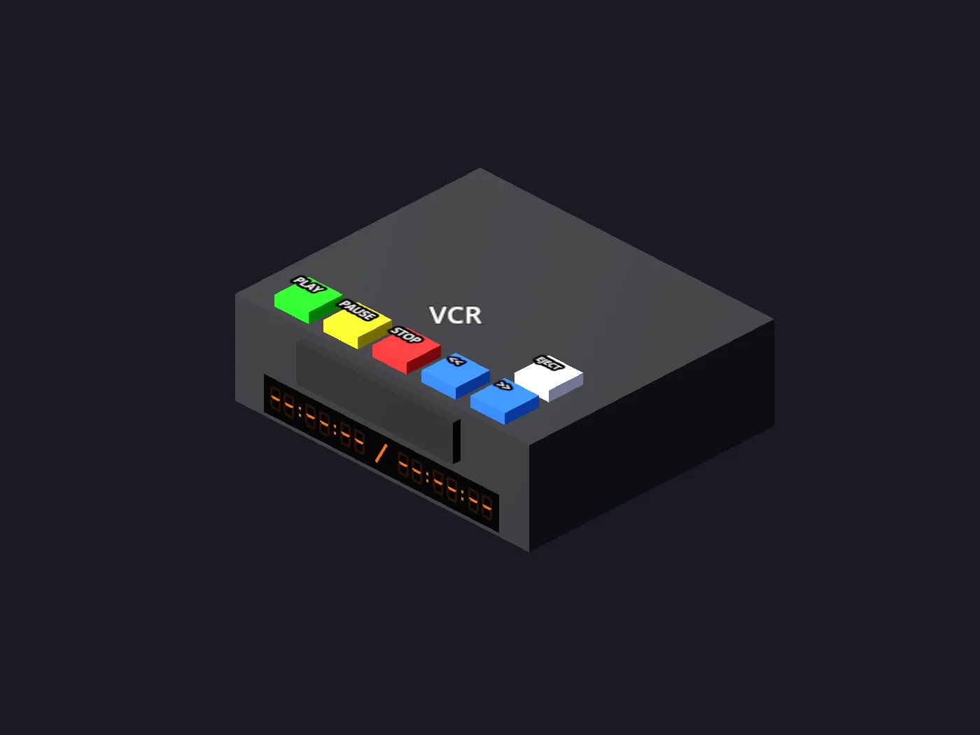 The VCR stand-in: a black deck with a tape slot, a glowing counter display, and transport buttons.