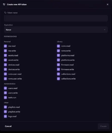 The Create new API token dialog: a token name field, an expiration dropdown set to Never, and a grid of permission checkboxes covering personal, library, administration and other scopes, all ticked.