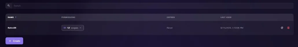 The Client API Tokens page in RomM, listing existing tokens by name with their permissions, expiry and last-used date, above a Create button.