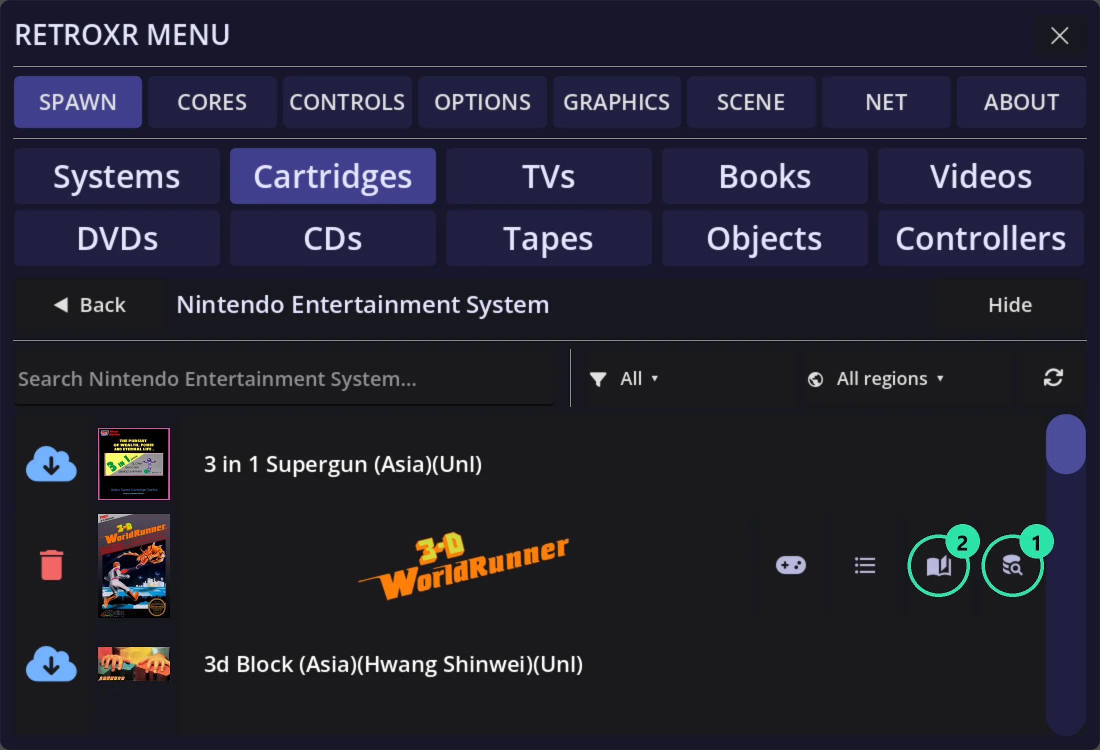 A row in the Cartridges list for 3-D WorldRunner, with circles around two icons on the right: a database-and-magnifier icon for scraping, and an open-book icon for reading the manual.
