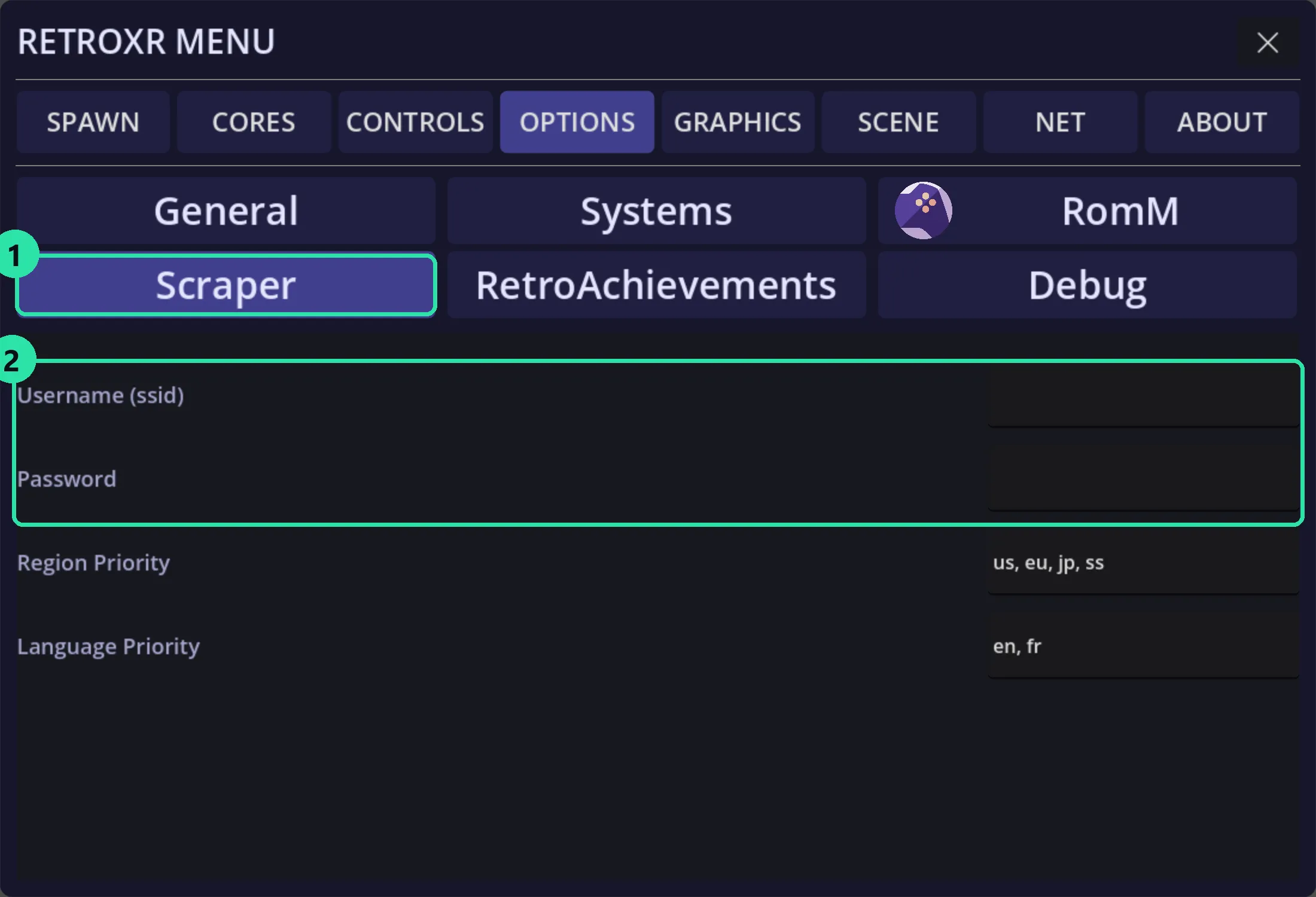 The OPTIONS screen with the Scraper tab highlighted, and a box around the Username (ssid) and Password fields. Region Priority and Language Priority sit below them.