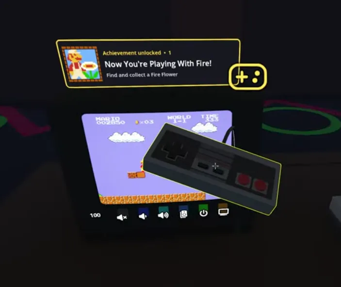 An achievement toast in the headset reading “Achievement unlocked · 1 — Now You're Playing With Fire! Find and collect a Fire Flower”, floating above a TV running Super Mario Bros., with an NES controller held in front of it.